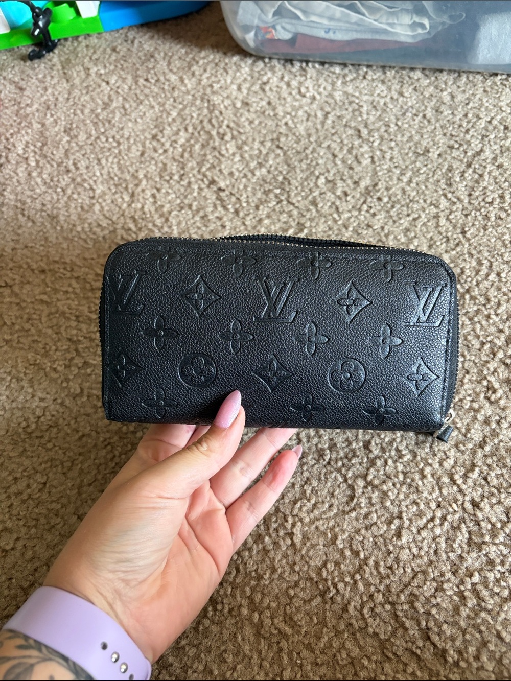 B73 LV Black Embossed Monogram Zip Wallet